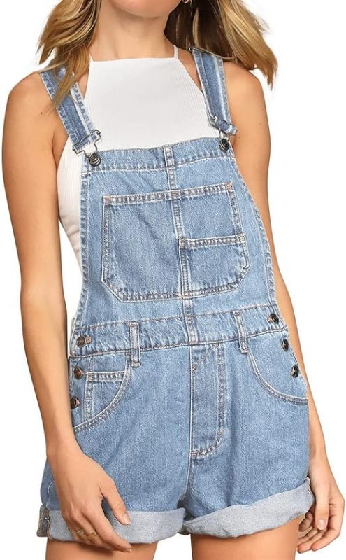 Photo 1 of M Talakeno Women's Casual Denim Bib Overall Shorts Adjustable Straps Cuffed Hem Shortall Rompers