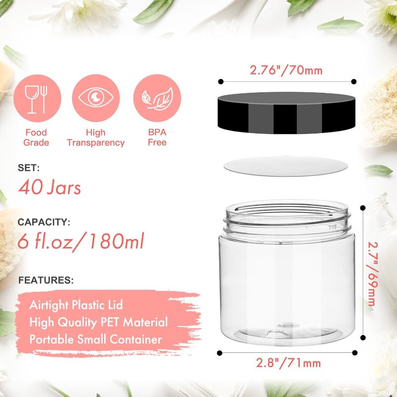 Photo 2 of Plastic Containers with Lids 6oz 40Pack, Jaisie.W Empty 6 oz Small Containers with Lids&Labels- Refillable Plastic Jars with Lids -Sugars Scrub Jars/Slime Containers (6 fl.oz, 40Pack)