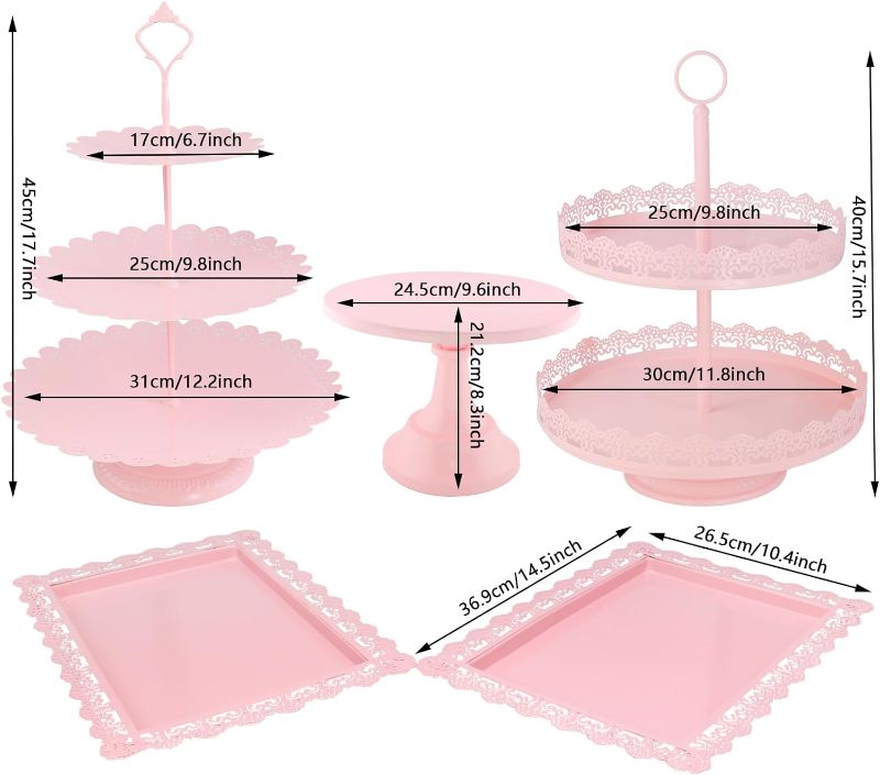 Photo 2 of Metal Cake Stand Set, 5pcs Dessert Table Display Set with 12-inch Cake Stand, 3-Tier Serving Tray, 2-Tier Cake Stand, 2 xCake Platter, Pedestal Cake Stand for Weddings/Birthdays/Baby Shower (Pink)