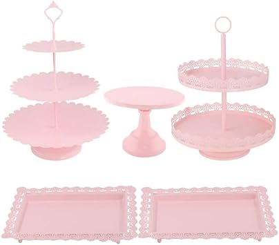 Photo 1 of Metal Cake Stand Set, 5pcs Dessert Table Display Set with 12-inch Cake Stand, 3-Tier Serving Tray, 2-Tier Cake Stand, 2 xCake Platter, Pedestal Cake Stand for Weddings/Birthdays/Baby Shower (Pink)