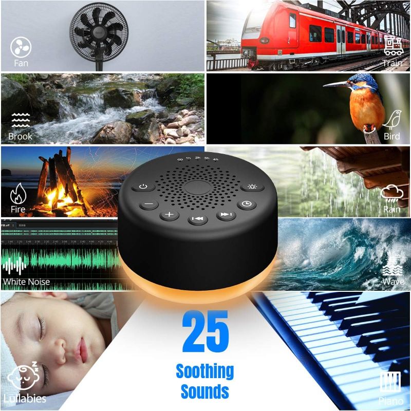 Photo 2 of Sound Machine Easysleep White Noise Machine with 25 Soothing Sounds and Night Lights with Memory Function 32 Levels of Volume and 5 Sleep Timer Powered by AC or USB for Sleeping Relaxation (Black)