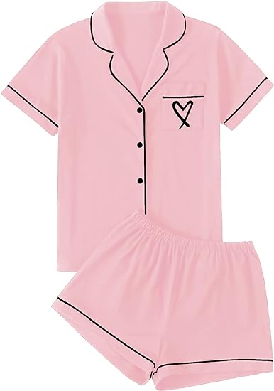 Photo 1 of  LYANER Women's Pajamas Set Heart Print Button Short Sleeve Shirt with Shorts Sleepwear PJs Set SMALL 