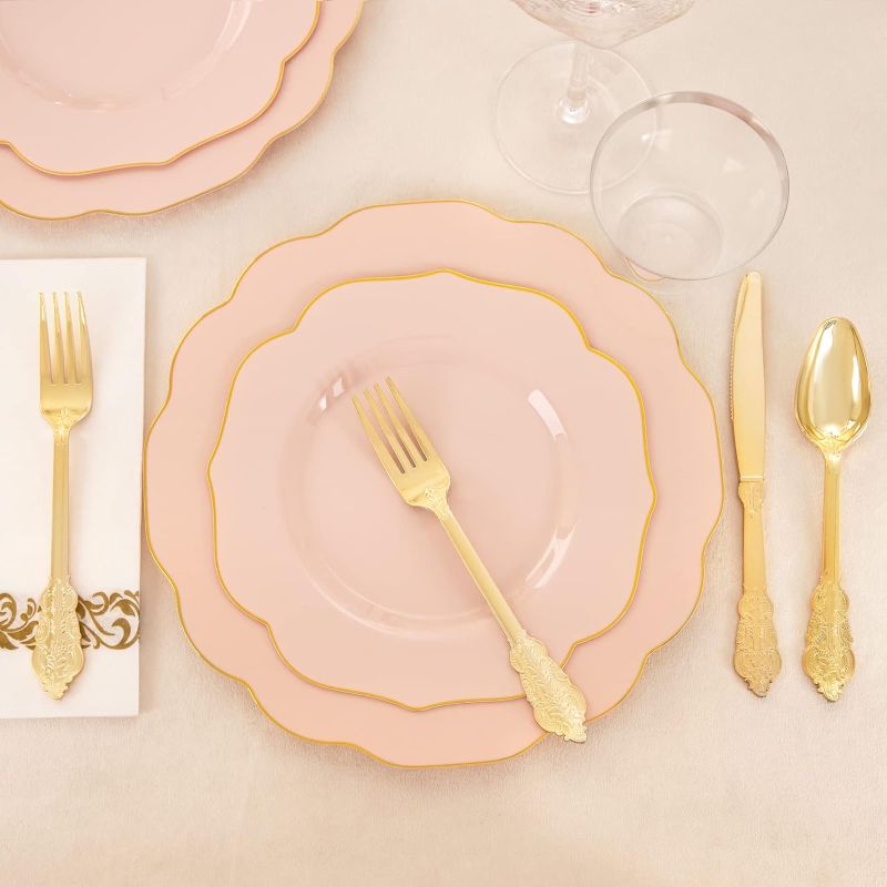 Photo 2 of NOCCUR 175PCS Pink Plastic Plates - Pink Plates with Gold Disposable Silverware - Include 50 Plates,25 Knives,25 Forks,25 Spoons,25 Cups and 25 Napkins - Ideal for Wedding, Party&Christmas