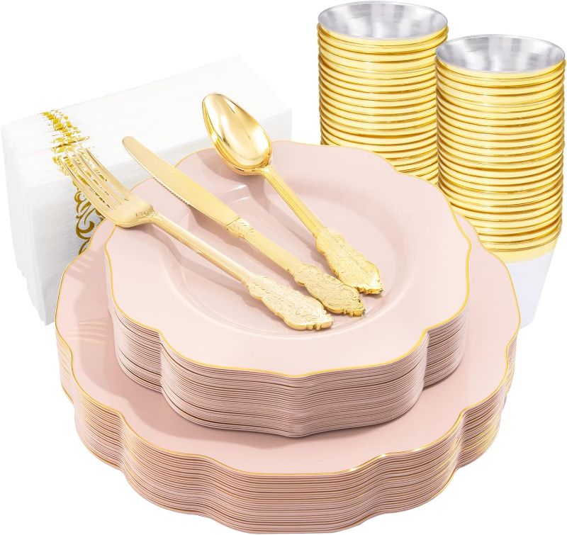 Photo 1 of NOCCUR 175PCS Pink Plastic Plates - Pink Plates with Gold Disposable Silverware - Include 50 Plates,25 Knives,25 Forks,25 Spoons,25 Cups and 25 Napkins - Ideal for Wedding, Party&Christmas