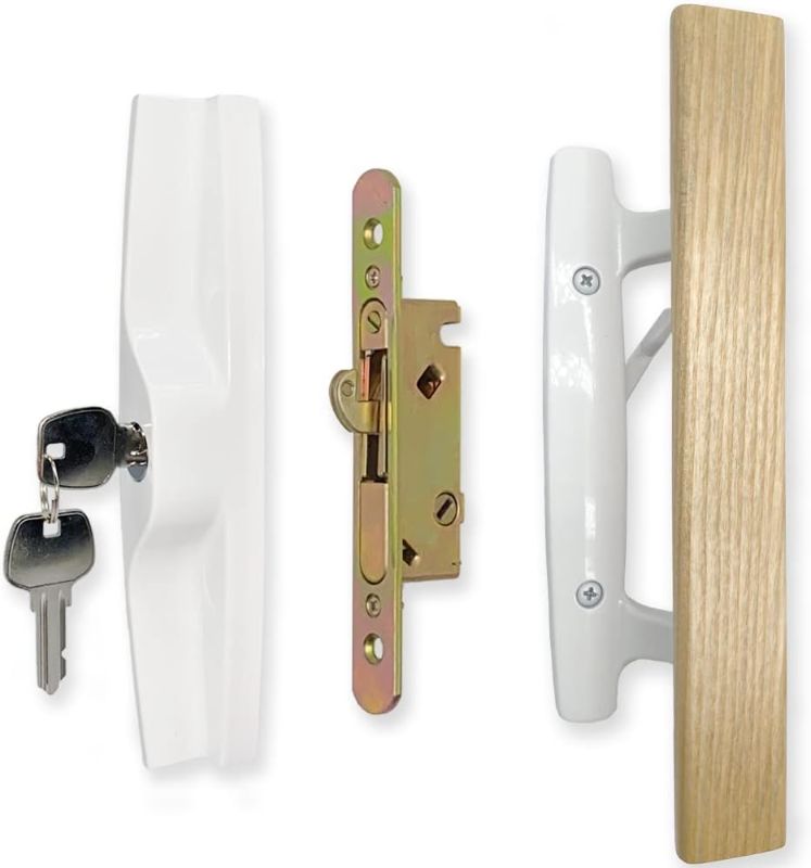 Photo 1 of ALLYWASAI Sliding Patio Door Handle Set with Mortise Lock, Key Cylinder and Face Plate, Wood Handle Lock Set Fits Door Thickness from 1-1/2" to 1-3/4", 3-15/16" Screw Hole Spacing, White