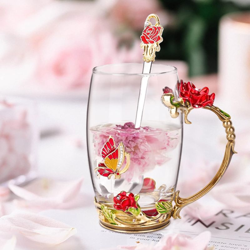 Photo 3 of OEAGO Gifts for Women Mom Mothers Valentines Day Tea Cup Best Birthday Butterfly Rose Gifts for Her from Daughter Son Glass Coffee Christmas Enamels Mug Lead-Free with Spoon Set