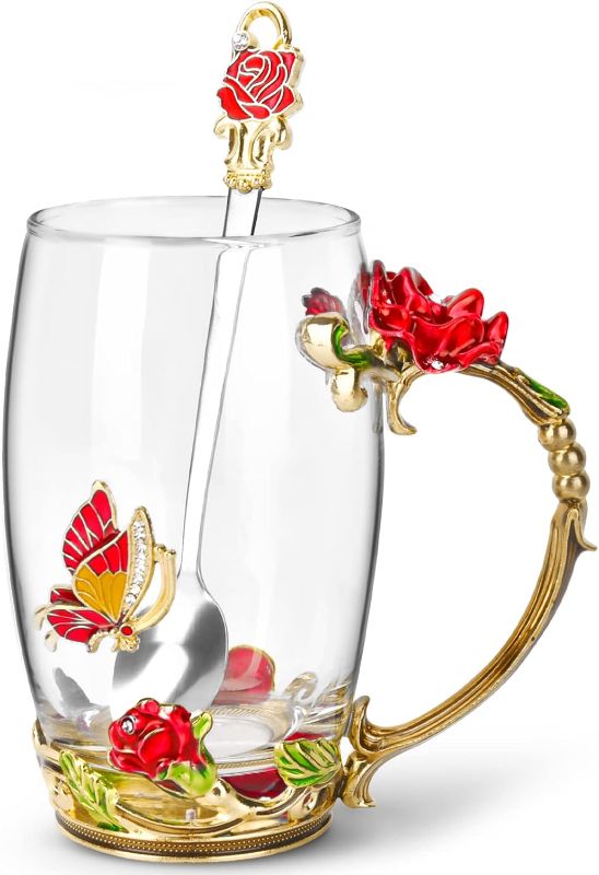 Photo 1 of OEAGO Gifts for Women Mom Mothers Valentines Day Tea Cup Best Birthday Butterfly Rose Gifts for Her from Daughter Son Glass Coffee Christmas Enamels Mug Lead-Free with Spoon Set