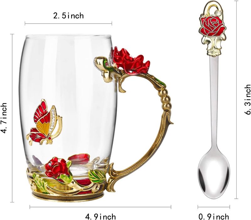 Photo 2 of OEAGO Gifts for Women Mom Mothers Valentines Day Tea Cup Best Birthday Butterfly Rose Gifts for Her from Daughter Son Glass Coffee Christmas Enamels Mug Lead-Free with Spoon Set