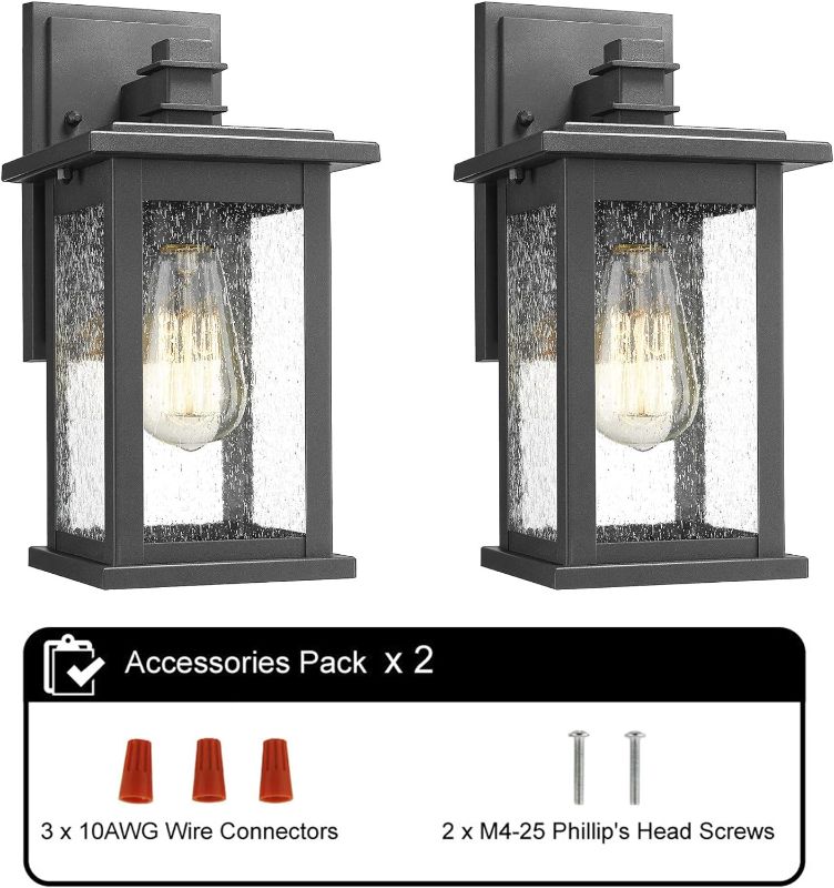 Photo 4 of Emliviar Outdoor Wall Mount Lights 2 Pack, 1-Light Exterior Sconces Lantern in Black Finish with Clear Seeded Glass, OS-1803EW1-2PK