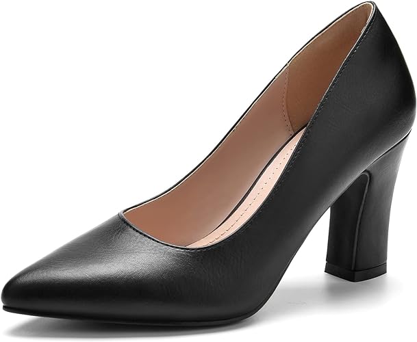 Photo 1 of BUEUPU Women's Chunky High Heels Closed Pointed Toe Pumps Dress Office Shoes for Women