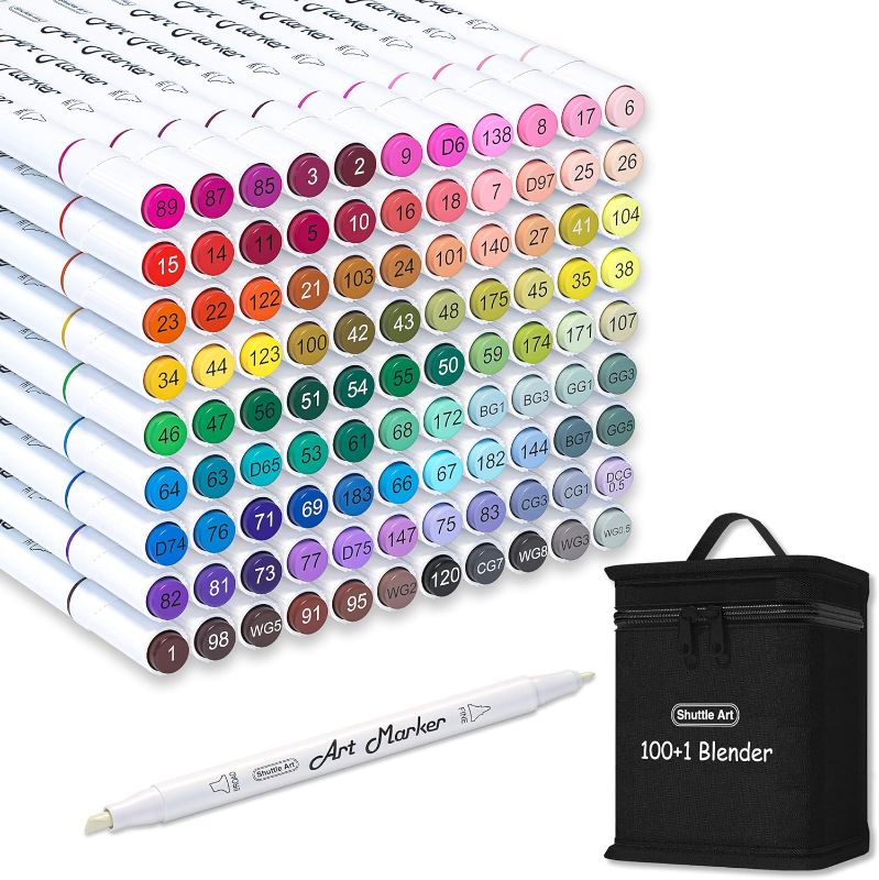 Photo 1 of Shuttle Art 101 Colors Dual Tip Alcohol Based Art Markers,100 Colors plus 1 Blender Permanent Marker Pens Highlighters with Case Perfect for Illustration Adult Coloring Sketching and Card Making