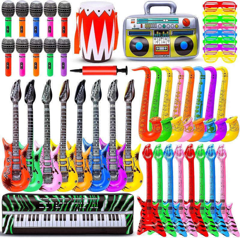 Photo 1 of Max Fun Inflatable Rock Star Toy Set, 48pcs Inflatable Party Props for Kids 80s 90s Party Decorations Inflatable Guitars Inflate Rock Band Assortment Party Favors (Random Color)