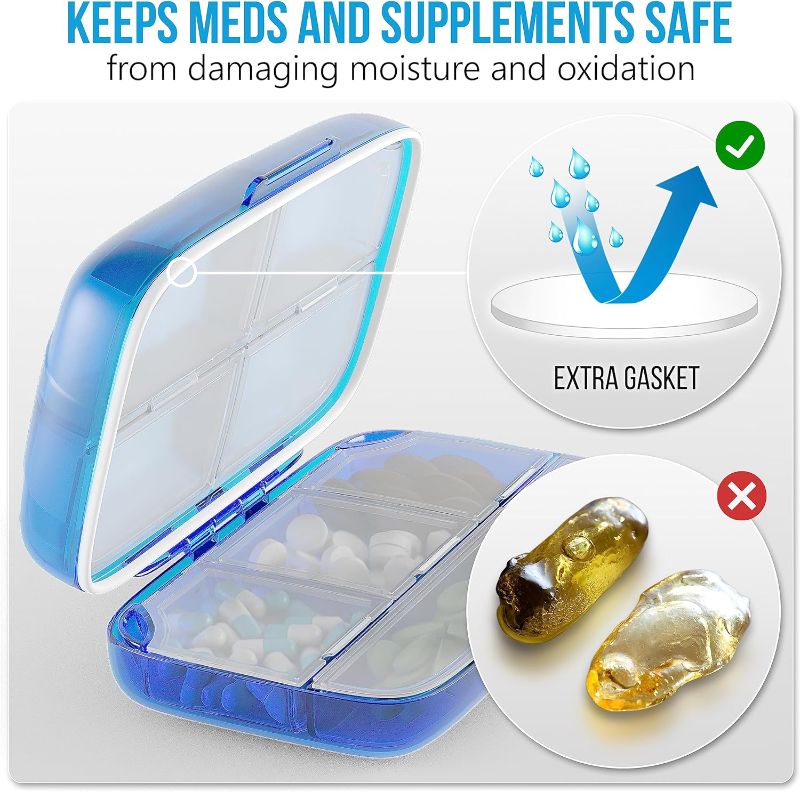 Photo 2 of Pill Organizer Airtight Pill Box Large Pill Dispenser Home Travel Supplement Holder Portable Vitamin Sorter Jumbo Size 8 Compartment Airtight Vitamin Container Daily Medicine Travel Essentials