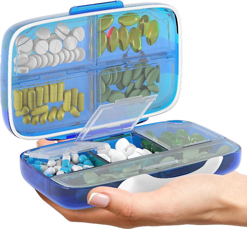 Photo 1 of Pill Organizer Airtight Pill Box Large Pill Dispenser Home Travel Supplement Holder Portable Vitamin Sorter Jumbo Size 8 Compartment Airtight Vitamin Container Daily Medicine Travel Essentials