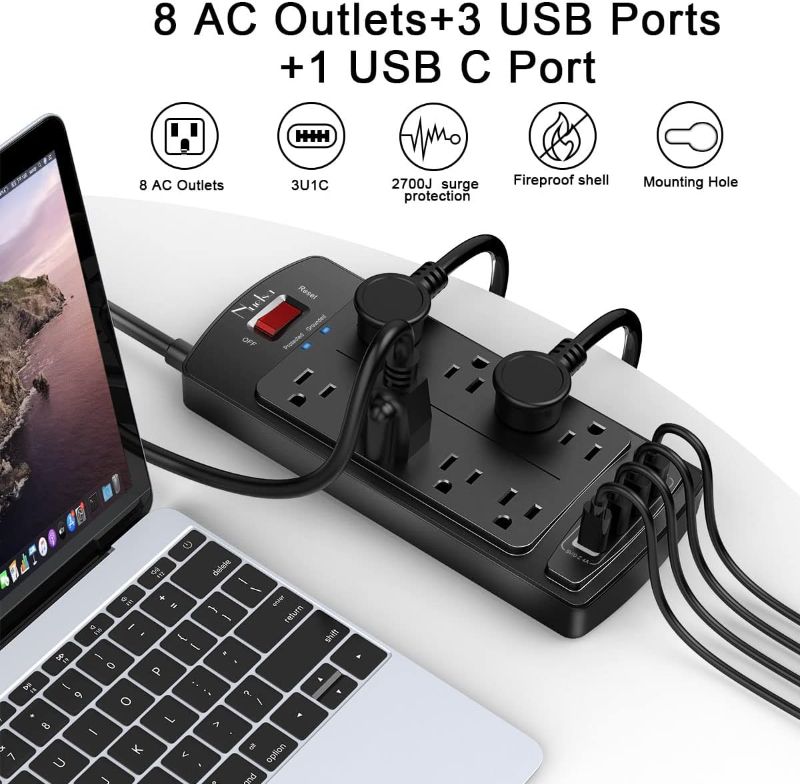 Photo 2 of Surge Protector Power Strip - Nuetsa Flat Plug Extension Cord with 8 Outlets and 4 USB Ports, 6 Feet Power Cord (1625W/13A), 2700 Joules, ETL Listed, Black