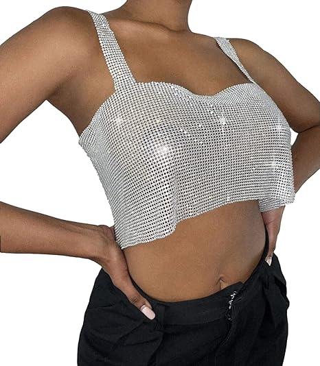 Photo 1 of Womens Sparkly Chain Crop Top - Sexy Sequin Crystal Tank Spaghetti Strap Metallic Party Clubwear Rave Outfits ONE SIZE