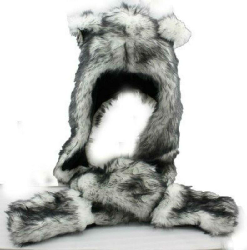 Photo 2 of White Wolf Hood Faux Fur Hat with scarfs mittens & paws 3 in 1 by Hatbutik
