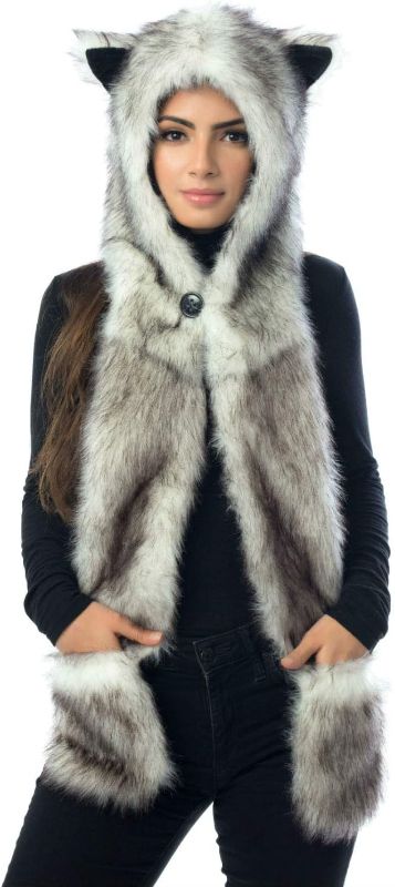 Photo 1 of White Wolf Hood Faux Fur Hat with scarfs mittens & paws 3 in 1 by Hatbutik
