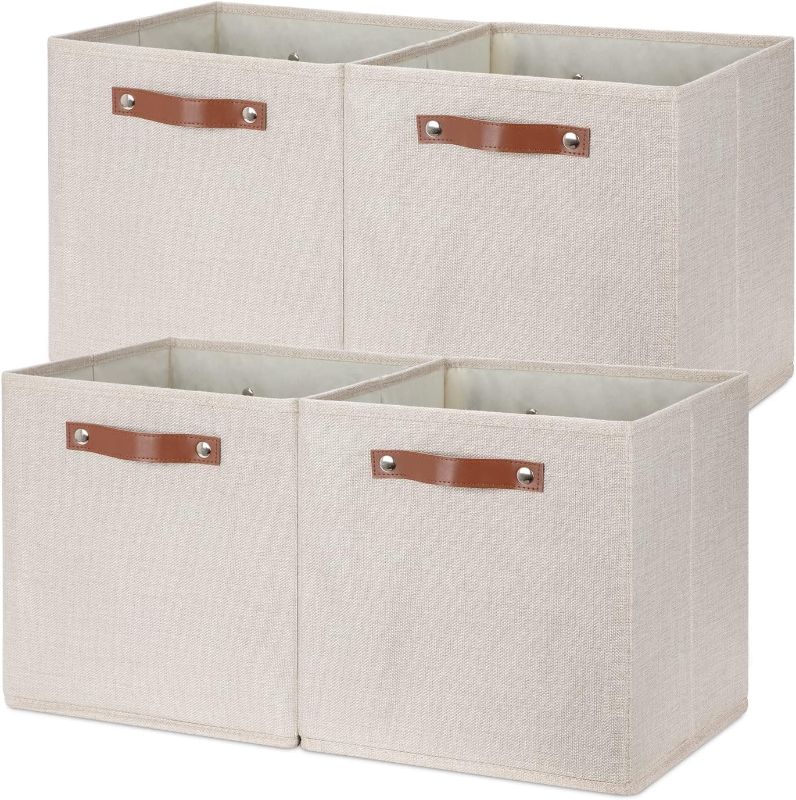 Photo 1 of Temary Cube Storage Bins 12 Inch Storage Cubes 4PCs Fabric Organizer Bins Boxes with Handles, Sturdy Collapsible Closet Storage Organizer for Shelf, Bedroom, Cabinet (Beige, 12 x 12 x 12)