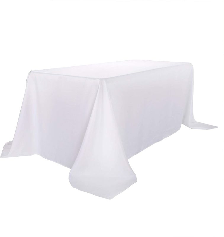 Photo 1 of Ascoza 12pack 90x132 Inch White Rectangular Tablecloth 8 Feet Table Cloth in Polyester Fabric for Wedding/Banquet/Restaurant/Parties