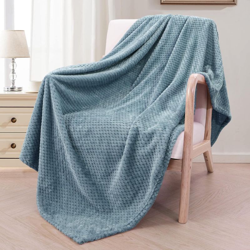 Photo 2 of Exclusivo Mezcla Waffle Textured Slate Blue Fleece Blanket, Super Soft and Warm 50x70 inches Throw Blanket for Couch, Cozy, Fuzzy and Lightweight Slate Blue 50x70 IN