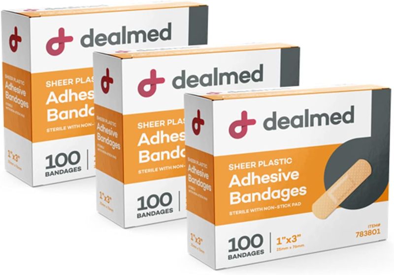 Photo 1 of Dealmed Sheer Plastic Flexible Adhesive Bandages – 100 Count (1 Pack) Bandages with Non-Stick Pad, Latex Free, Wound Care for First Aid Kit, 1" x 3"