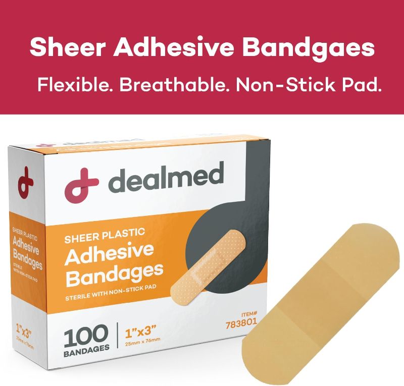 Photo 2 of Dealmed Sheer Plastic Flexible Adhesive Bandages – 100 Count (1 Pack) Bandages with Non-Stick Pad, Latex Free, Wound Care for First Aid Kit, 1" x 3"