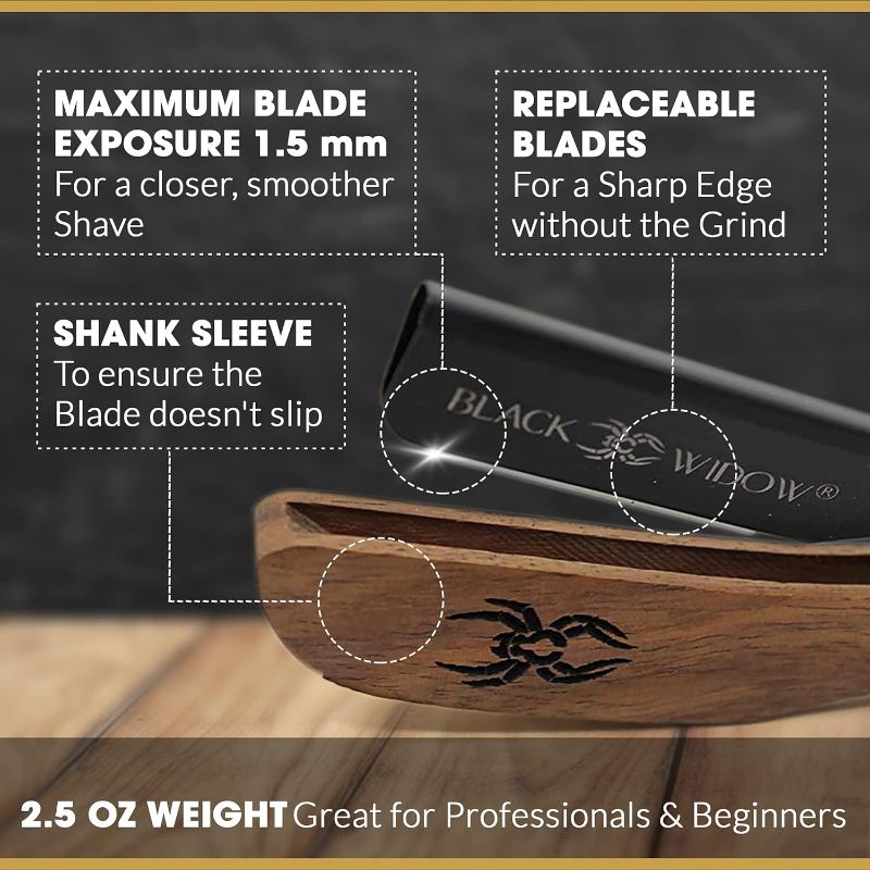Photo 2 of Barber Straight Razor, Professional Barber Straight Edge Razor - Barber Razor Compatible with Straight Razor Blade for Barber by Black Widow (1.5mm) (Wood)