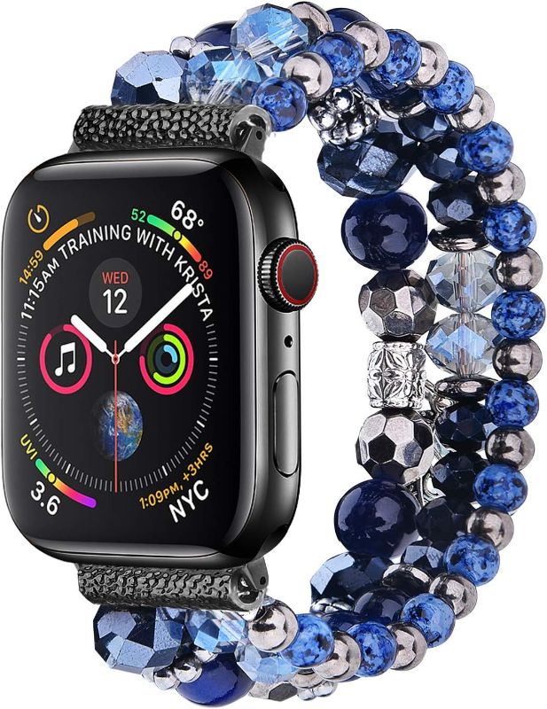 Photo 2 of V-MORO Beaded Bracelet Compatible with Apple Watch Band 40mm/38mm/41mm Series 9 8 7 6 SE 5 4 Women Fancy Dressy Handmade Stretchy Watch Strap iWatch Bands Series 3 2 1 Replacement (SeaBlue)
