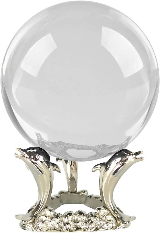 Photo 1 of Amlong Crystal Clear Crystal Ball 110mm (4.2 inch) with Dolphin Stand and Gift Package for Decorative Ball, Lensball Photography, Gazing Divination or Feng Shui, and Fortune Telling Ball