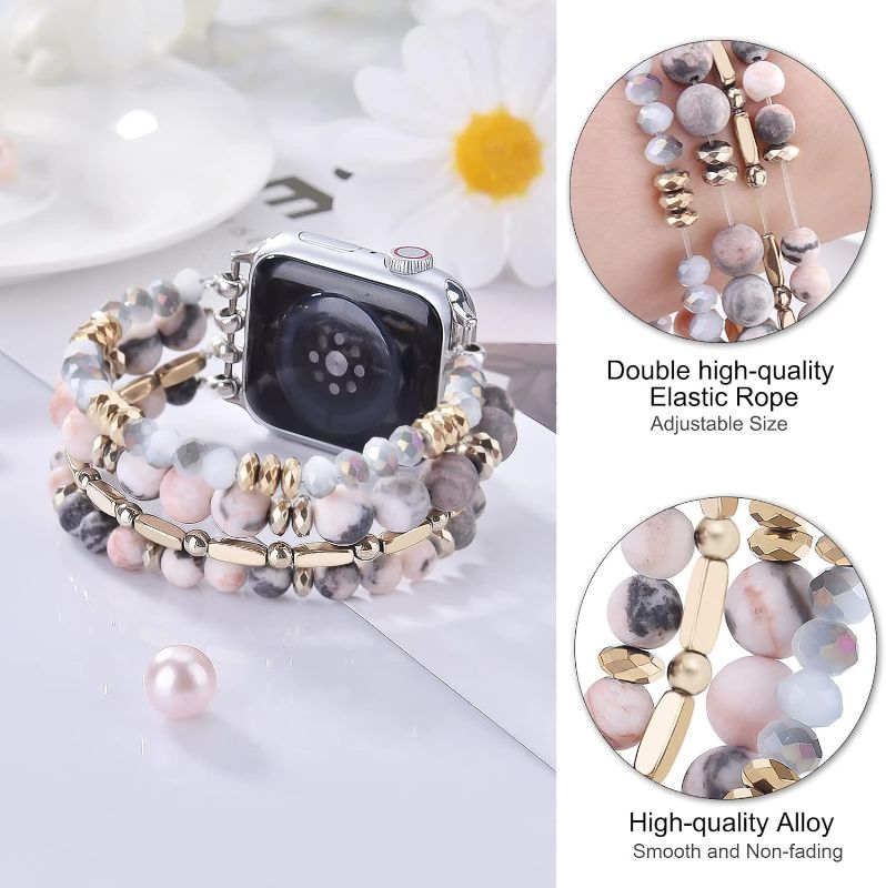 Photo 2 of VISOOM Beaded Boho Bracelet Compatible for Apple Watch Band 40mm/38mm/41mm Series 9 8 7 SE Series 6/5/4 Women Fashion Cute Handmade Crystal Beads Stretchy Watch Strap for iWatch Bands Series 3/2/1 Replacement
