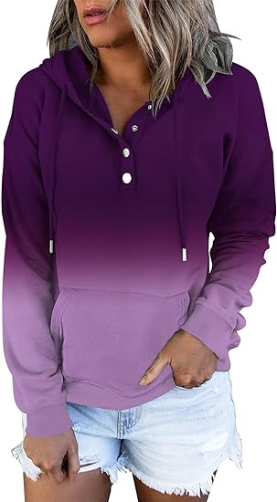 Photo 1 of ETCYY Women's Color Block Hoodies Tops Long Sleeve Casual Drawstring Button Down Pullover Sweatshirt with Pocket XL
