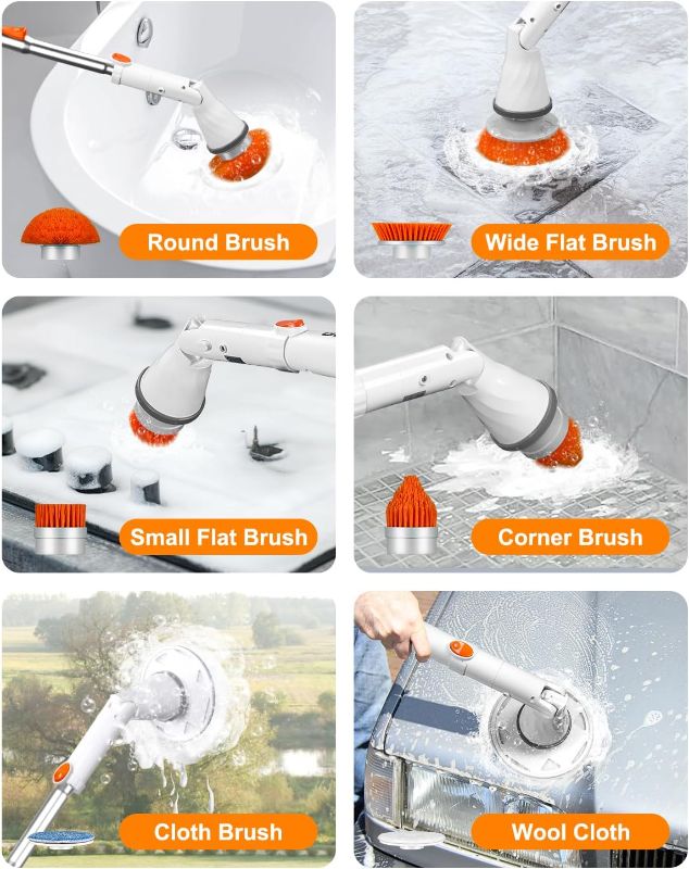 Photo 2 of Electric Spin Scrubber - Cordless Spin Scrubber for Cleaning, Power Scrubber for Bathroom with 6 Replaceable Brush Heads & Adjustable Extension Handle, Electric Cleaning Brush for Tub, Car, Floor