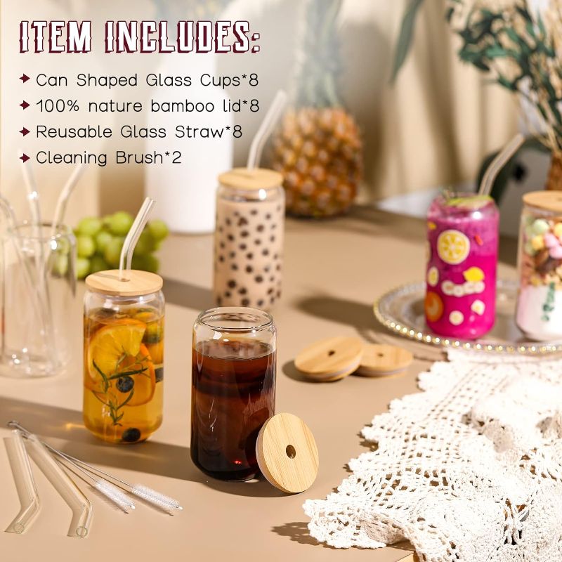 Photo 2 of [ 8pcs Set ] Drinking Beer Glasses with Bamboo Lids and Glass Straw - 16oz Can Shaped Glass Cups, Iced Coffee Glasses, Cute Tumbler Cup, Ideal for Cocktail, Whiskey, Gift - 2 Cleaning Brushes
