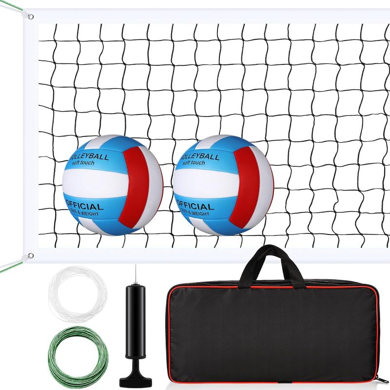 Photo 1 of Meooeck Volleyball Net Set Includes 32x3ft Net 2 Volleyballs with Pump, Aircraft Wire Rope and Carrying Bag Portable Regulation Size Indoor Outdoor Beach Backyard Badminton Net System