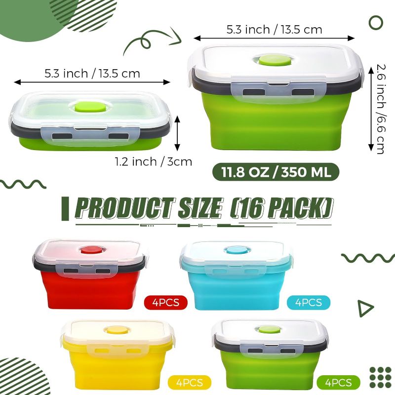 Photo 2 of Bokon 16 Silicone Collapsible Food Storage Containers 11.8 oz Reusable Collapsible Bowls with Lids Vent Foldable Food Container Sets Meal Prep Container Silicone Lunch Box, Microwave Dishwasher Safe