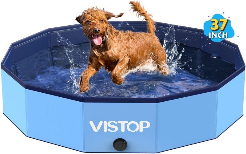 Photo 1 of VISTOP Medium Foldable Dog Pool, Hard Plastic Shell Portable Swimming Pool for Dogs Cats and Kids Pet Puppy Bathing Tub Collapsible Kiddie Pool (37 inch.D x 7.8inch.H, Blue)