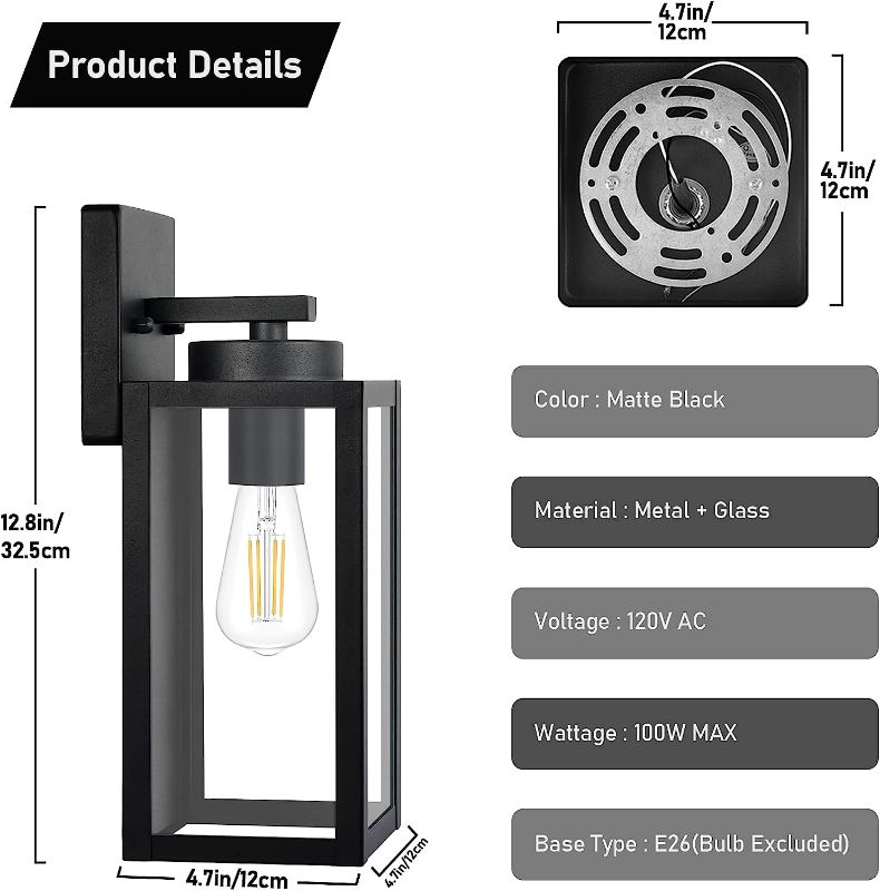 Photo 3 of Outdoor Wall Light Fixtures, Exterior Waterproof Lanterns, Porch Sconces Wall Mounted Lighting with E26 Sockets & Glass Shades, Modern Matte Black Wall Lamps for Patio Front Door Entryway, 2-Pack