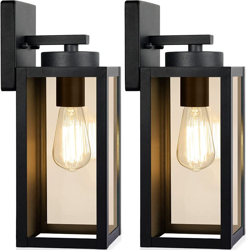 Photo 1 of Outdoor Wall Light Fixtures, Exterior Waterproof Lanterns, Porch Sconces Wall Mounted Lighting with E26 Sockets & Glass Shades, Modern Matte Black Wall Lamps for Patio Front Door Entryway, 2-Pack