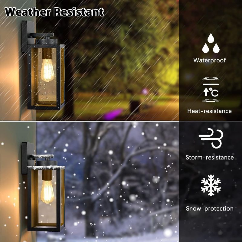 Photo 2 of Outdoor Wall Light Fixtures, Exterior Waterproof Lanterns, Porch Sconces Wall Mounted Lighting with E26 Sockets & Glass Shades, Modern Matte Black Wall Lamps for Patio Front Door Entryway, 2-Pack
