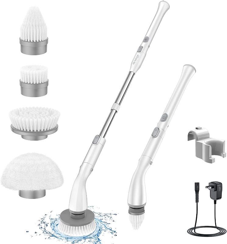 Photo 1 of LABIGO Electric Spin Scrubber LA1 Pro, Cordless Spin Scrubber with 4 Replaceable Brush Heads and Adjustable Extension Handle, Power Cleaning Brush for Bathroom Floor Tile (White)