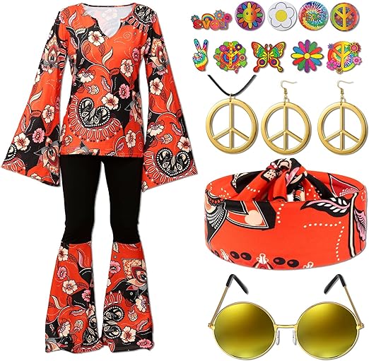 Photo 1 of Jiuguva 17Pcs 60s 70s Outfits for Women Hippie Costume Set Disco Outfit Dress Boho Flared Pants Hippie Shirt Headband