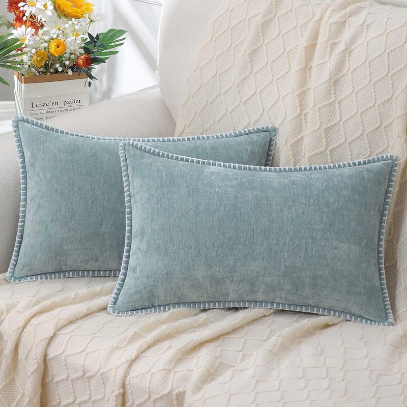 Photo 1 of decorUhome Chenille Soft Throw Pillow Covers 12x20 Set of 2, Lumbar Velvet Farmhouse Pillow Covers, Decorative Pillow Covers with Stitched Edge for Couch Sofa Bed, Aqua Haze