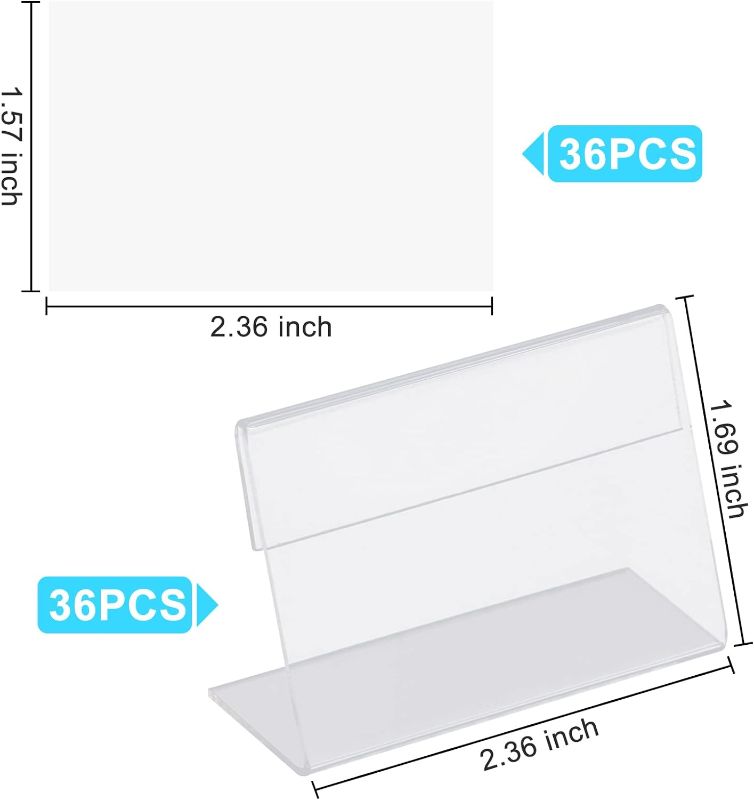 Photo 2 of Zsxdc 36 Pcs Mini Clear Acrylic Sign Display Holder with 36 PCS Blank Labels L Shape Sign Holders Price Name Card Tag Label Stands