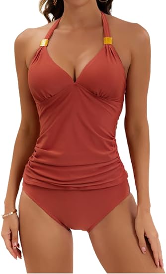 Photo 1 of B2prity Halter Tankini Swimsuit for Women Tummy Control Two Piece Bathing Suit V Neck Swimwear with Shorts M