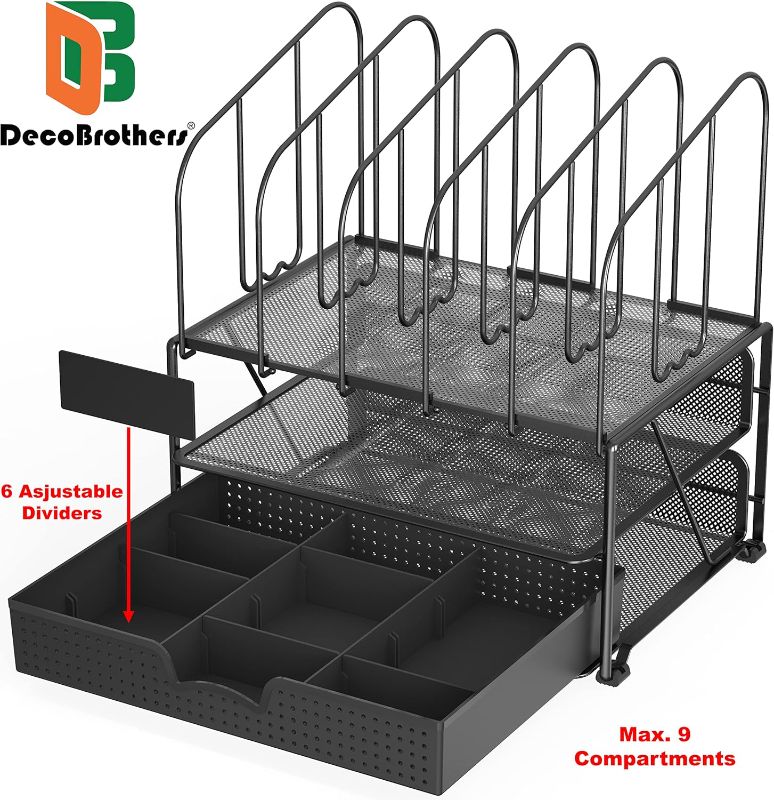 Photo 2 of DecoBros Mesh Desk Organizer with Double Tray, 5 Upright Sections and Sliding Drawer, Black