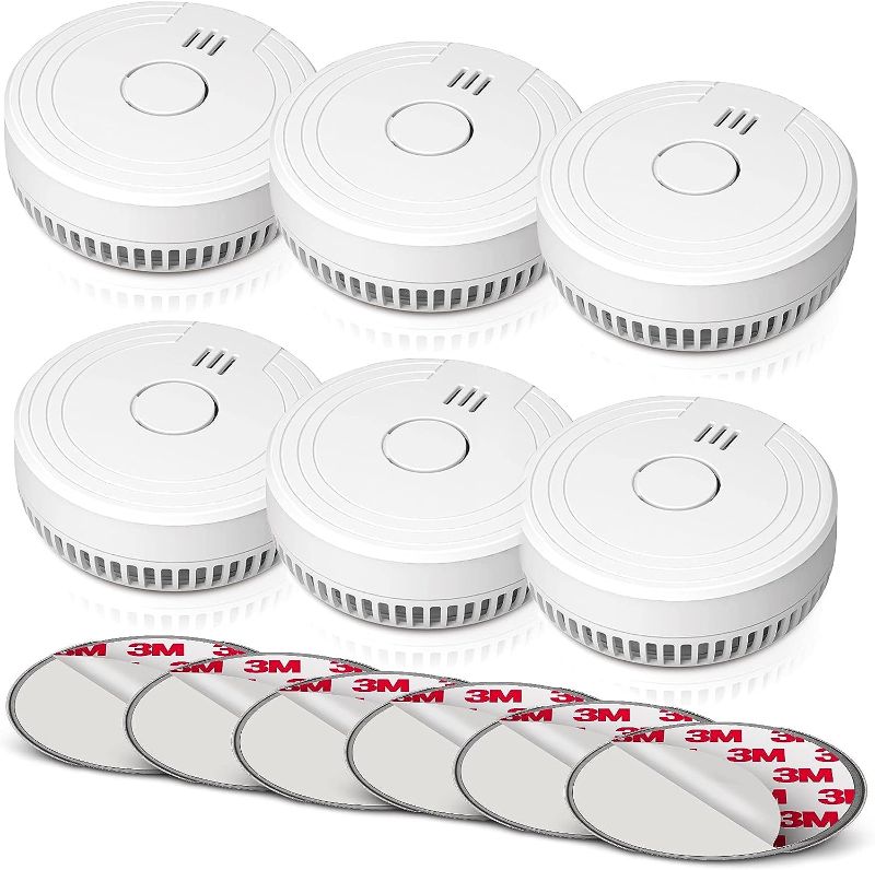Photo 1 of Ecoey Smoke Alarm Fire Detector, Battery Included Photoelectric Smoke Detector with Test Button and Low Battery Signal, Small Fire Alarm for Home, Bedroom FJ136GB, 6 Packs