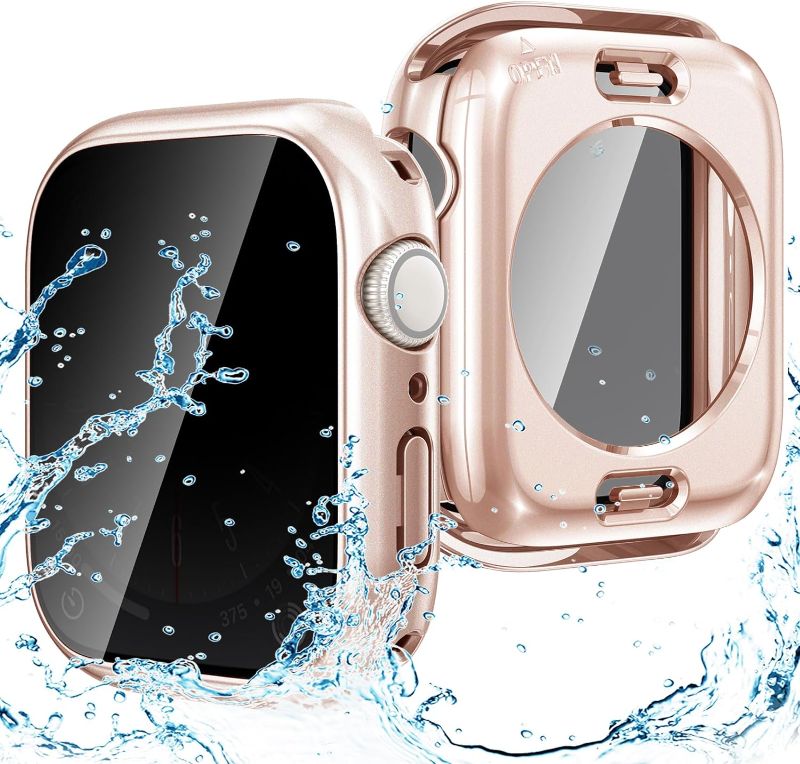 Photo 1 of Goton 2 in 1 Privacy Waterproof Apple Watch Case for Series 9 8 7 Screen Protector 45mm, Front Anti Spy Tempered Glass Face Cover + Back Bumper for iWatch Accessories 45 mm Rose Gold
