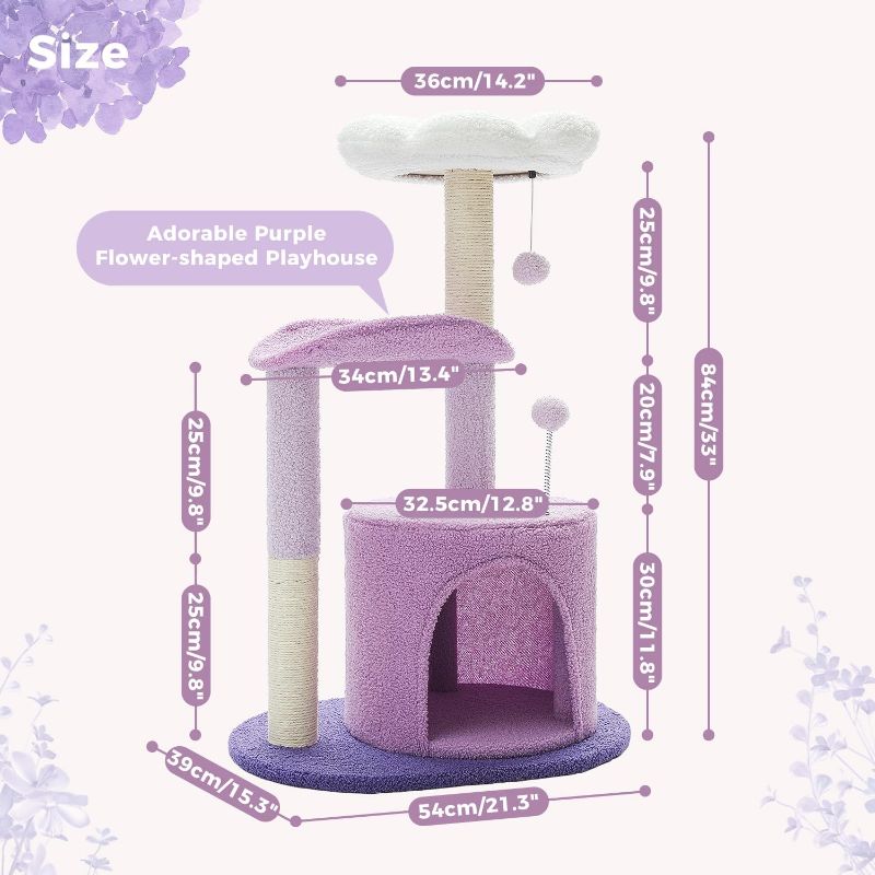 Photo 2 of PAWZ Road Cat Tree,32 Inches Purple Flower Cat Tower with Sisal Covered Scratching Post, Cozy Condo, Plush Perches and Fluffy Balls for Indoor Cats 32" with Purple Flower Perch
