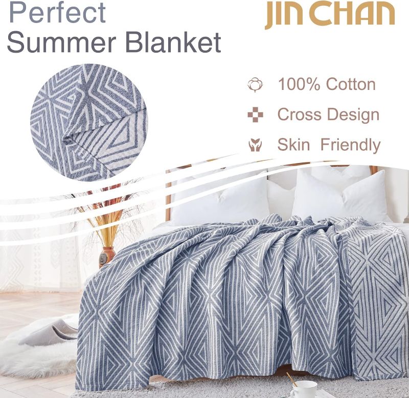 Photo 2 of jinchan Boho 100% Cotton Throw Blanket Fall Muslin 50x60 Inches Throw Blanket for Couch Soft Cozy Quilted Throw Blanket for Bed Decor 3-Layer Blanket Coverlet Geometric Quilt Blanket Blue
